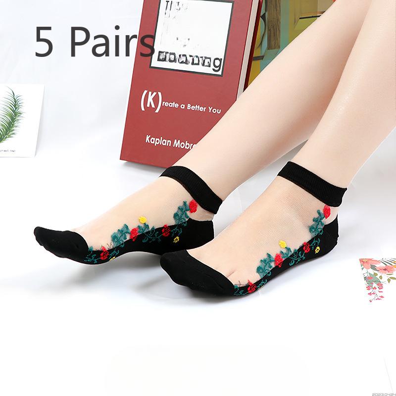 5 Pairs of Women's Summer Embroidered Non Slip Cotton Bottom Glass Silk Socks