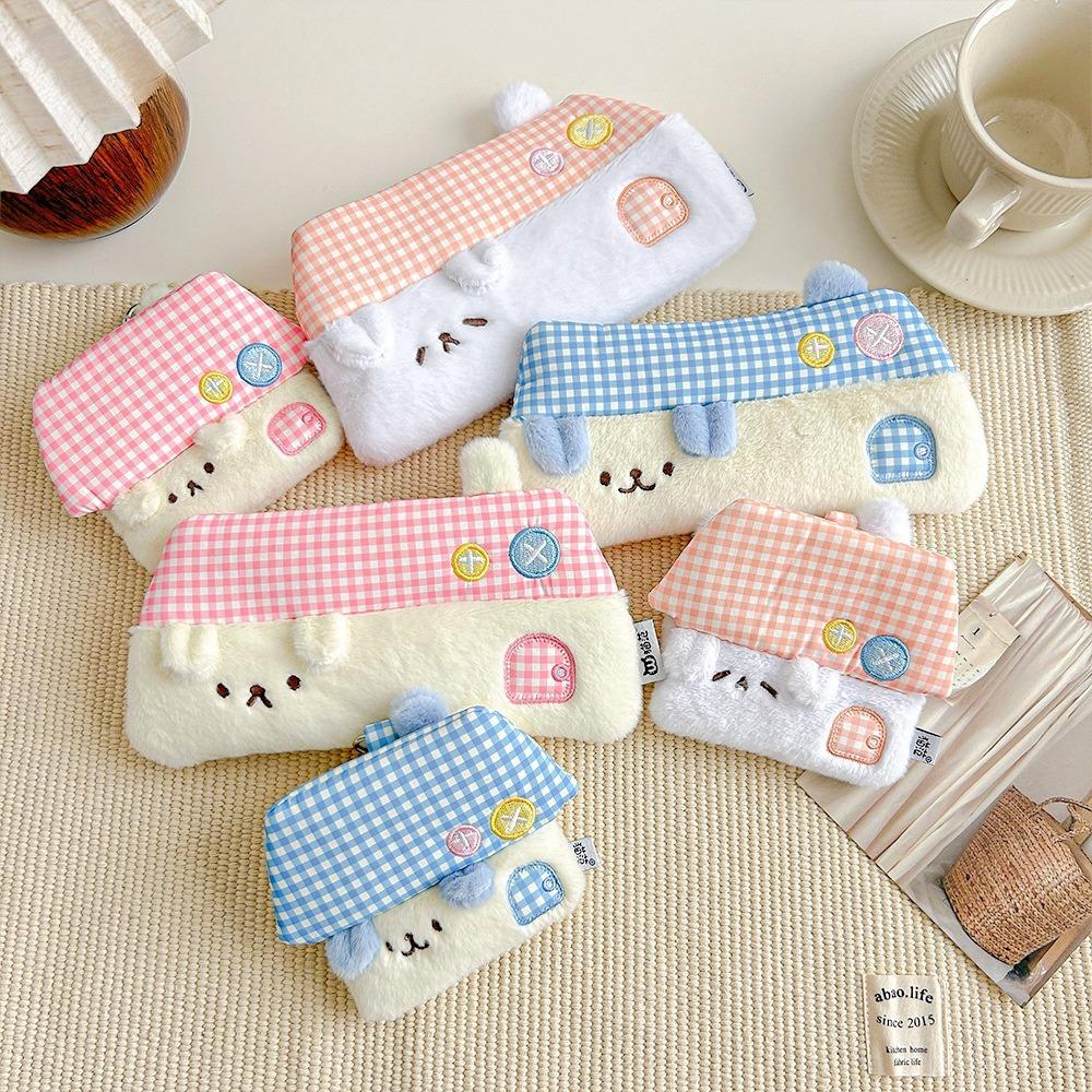 

Multi Functional Puppy Plush Coin Purse Plaid Cartoon House Pen Bag Teens Girls Boys Orange Purse