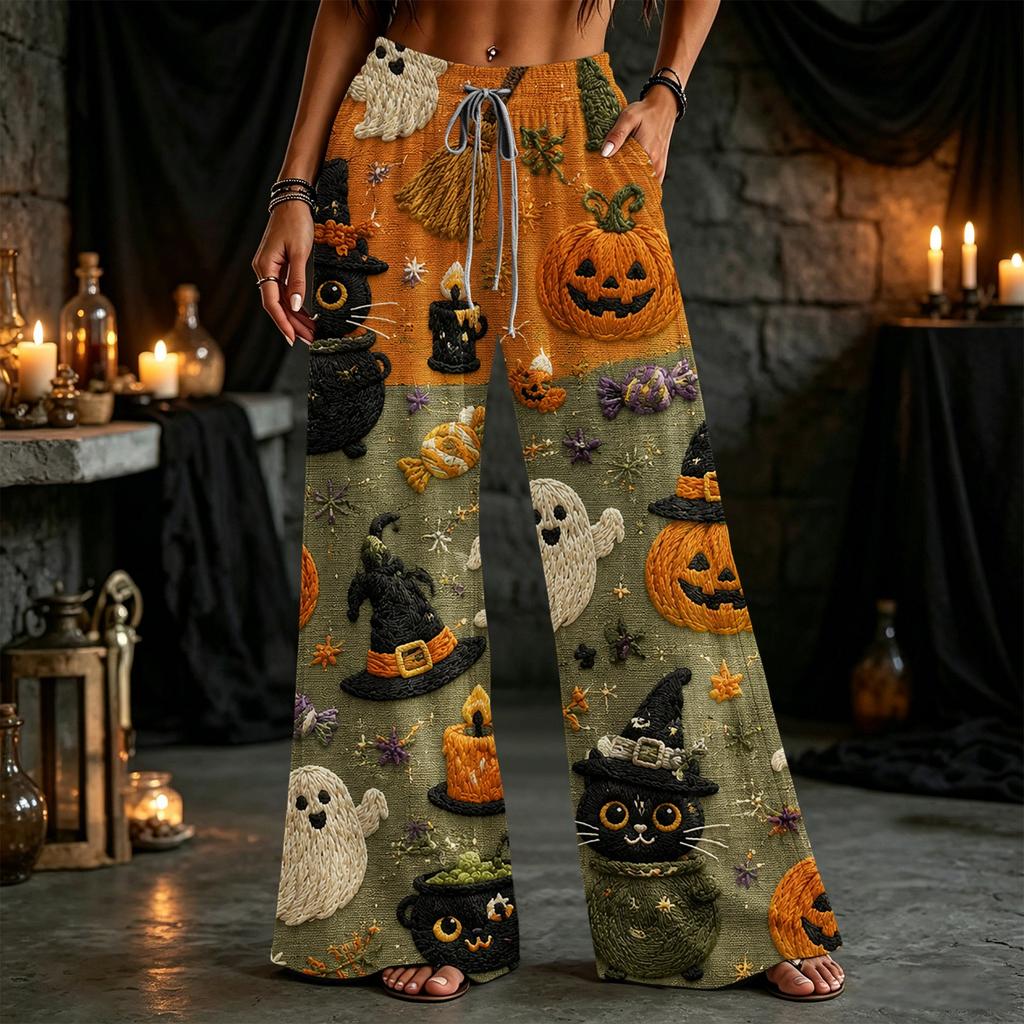 Damen Halloween Patchwork-Print Weite Hosen mit Taschen, Lockere Freizeithosen
