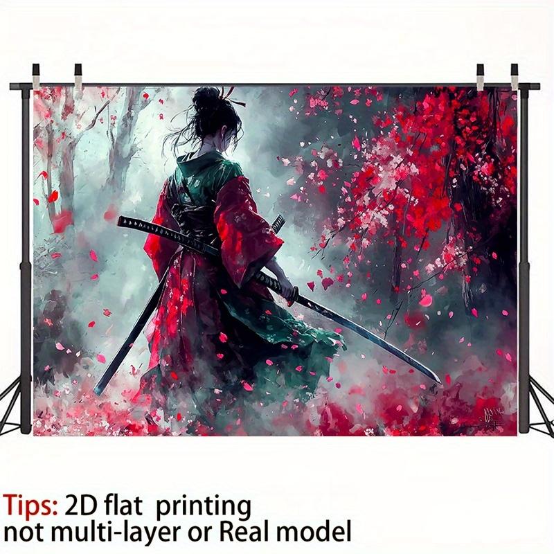 1pc, 2D flat, retro-style background banner depicting a female warrior, showcasing Japanese dreamlike landscape aesthetics, wsj