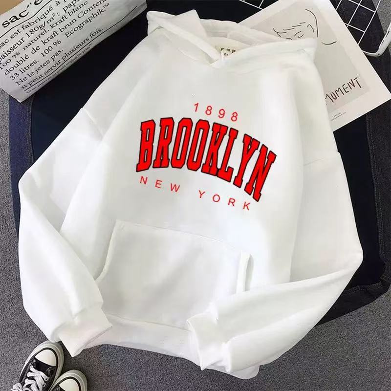 Women Hoodie Brooklyn Letter Print Fleece Lined Thick Oversized Loose Mid-Length Pullover Hooded Sweatshirt Korean Lazy Style Autumn Winter Casual Top