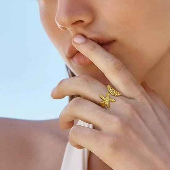 European & American Geometric Starfish Shell Alloy Adjustable Ring for Women