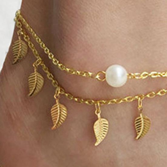 Leaf Tassels Two Layer Faux Pearl Beach Sandal Ankle Chain Foot Bracelet Anklet