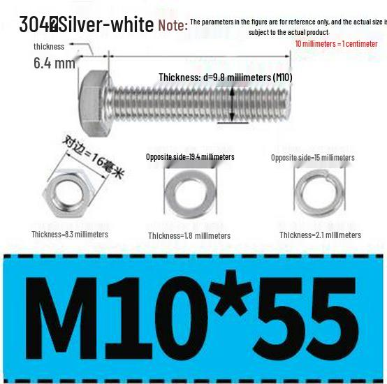 304 Stainless Steel Hex Head Bolt and Nut Set M6-M14, Lengths 8-100mm