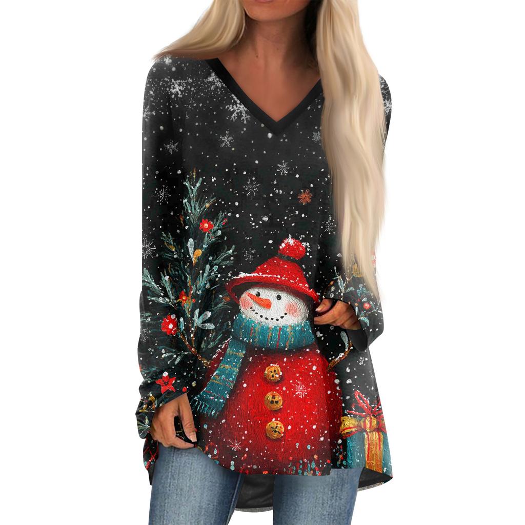 Ladies' Fashionable Casual Christmas Printed T-shirt Long Sleeved V-neck Mid Length Top