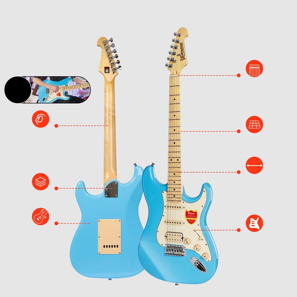 Bullfighter Electric Stratocaster Type D120 Set Includes and Strap Guitar, (Blue), Beginner's Strings, Case, Picks,