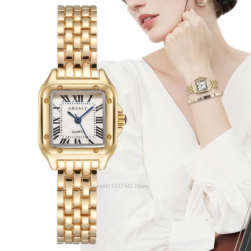 Orologi da polso al quarzo da donna di lusso con cinturino in lega d'oro, orologi quadrati alla moda, orologi da polso da donna con scala romana