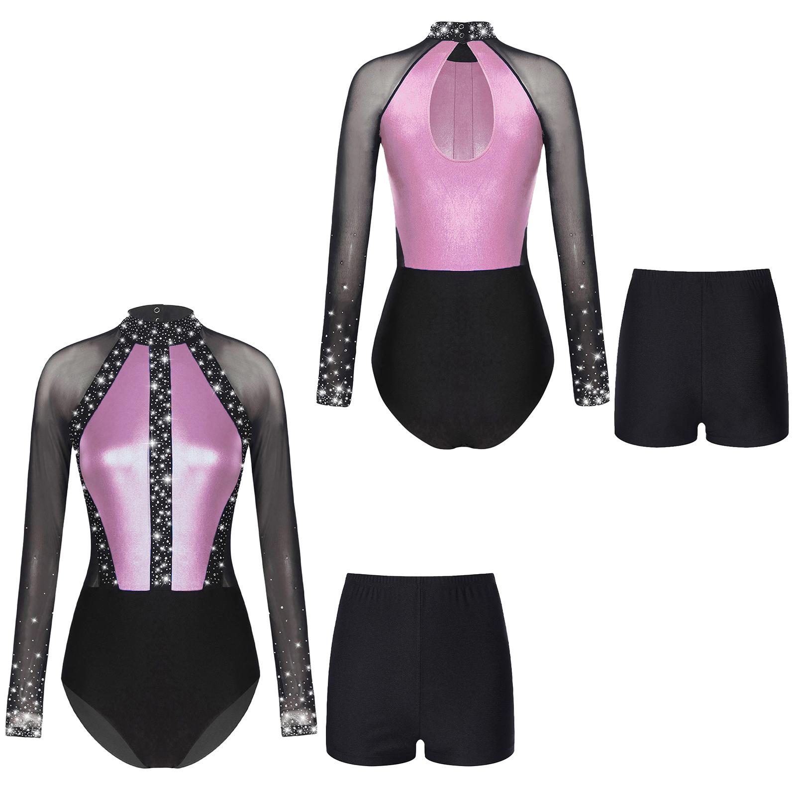 

Женский сетчатый гимнастический боди с длинным рукавом, стразы, балетный танцевальный купальник, цветной комбинезон для фигурного катания, шорты, комплекты танцевальной одежды S розовый