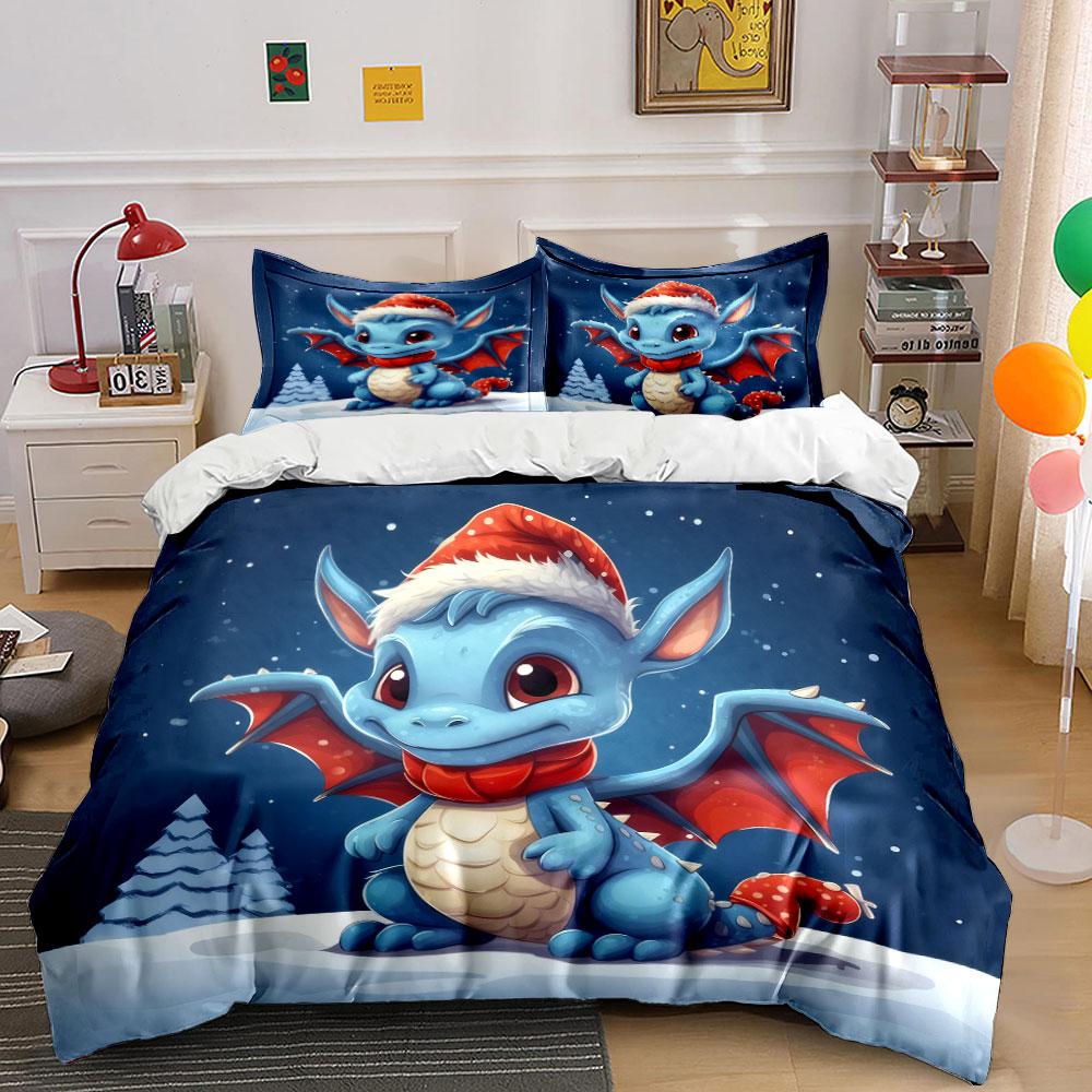 Cute Festive Dragon Design Bedding Duvet Cover Set (1*Duvet Cover 2*Pillowcases, Without Duvet Insert)