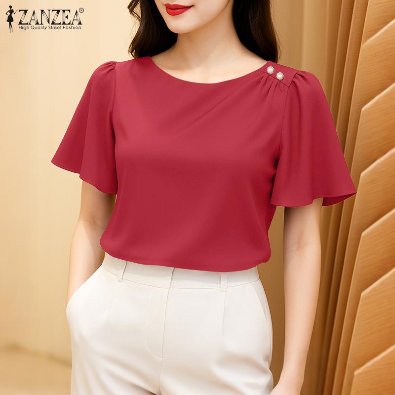 ZANZEA Women Casual Round Neck Summer Short Sleeve Plain Blouse