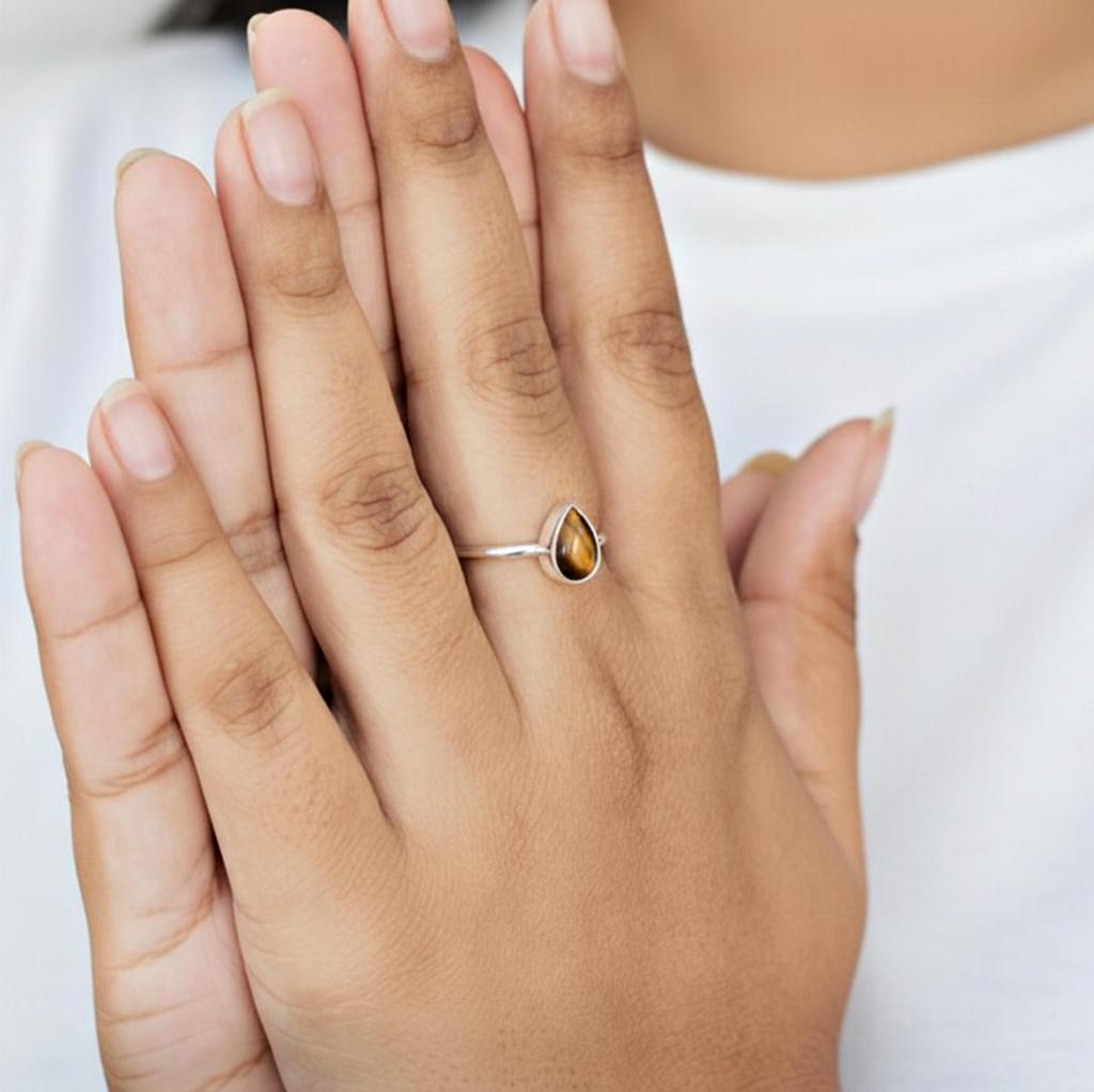 Pear Shape Tiger Eye Stacking Ring, 925 Solid Sterling Silver, Minimalist Statement Boho Gemstone for Women