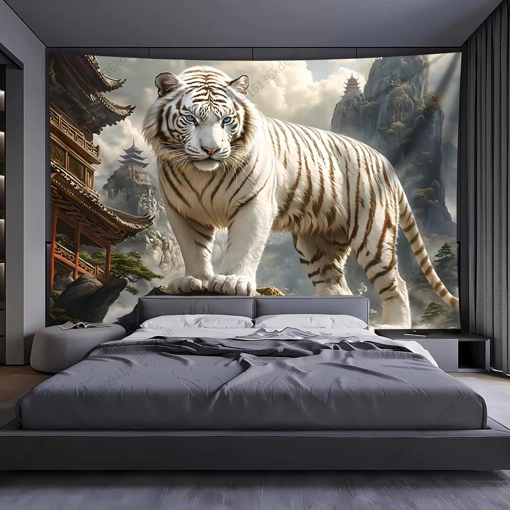 VIKAMA Luxury Oriental White Tiger Landscape Tapestry Living Room Study Bedroom Home Atmosphere Decoration Tapestry