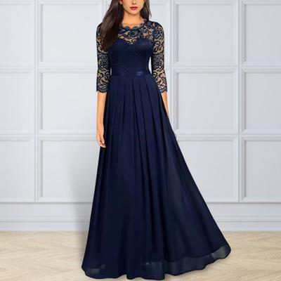Women Dress Chiffon See-through Lace Patchwork Round Neck Long Sleeves Evening Dress Slim Waist A-line Pleated Prom Party Dress