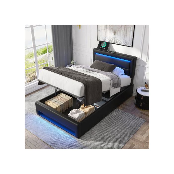 Letto imbottito 90x190 cm - Nero - Porta USB - Illuminazione LED - Contenitore integrato