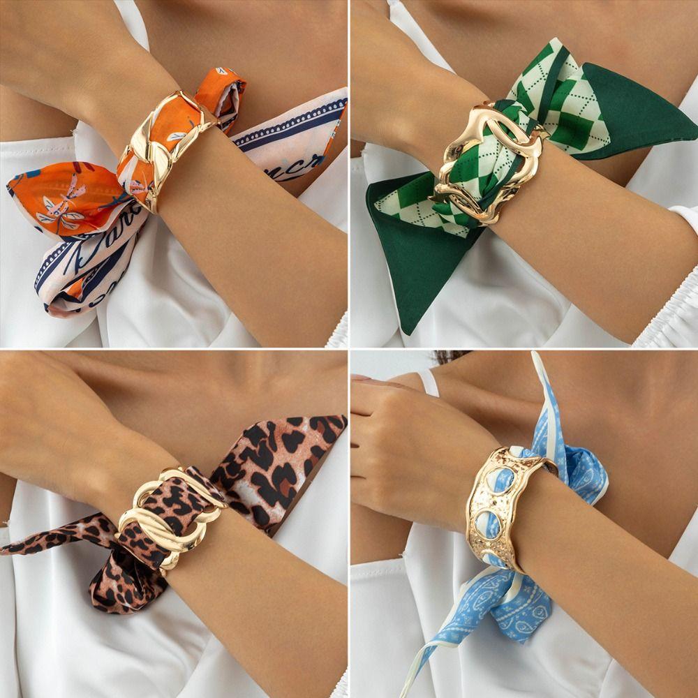 Leopard Print Silk Scarf Cuff Bangles Polka Dot Geometric Metal Wide Bracelet Minority Design Retro Geometric Open Bangle Girls