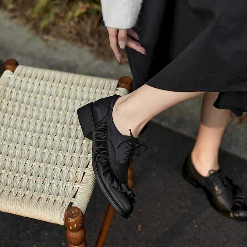 Fashion 2025 Fashion Lace-up Genuine Leather Women Pumps Shoes Woman Mid Heels Loafers Shoes Round Toe Summer Casual Party Ladies 34-40