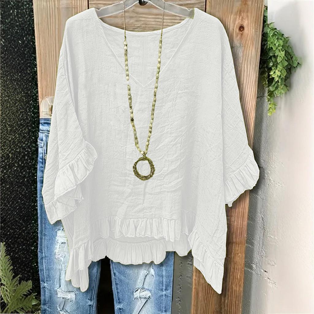 Blouse Casual pour Femme Coupe Ample à Volants, Col en V, Manches Courtes, Haut Léger au Style Détendu pour un Usage Quotidien