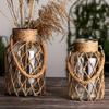 Rustic Hanging Glass Vase with Rope Net – Transparent Flower Vase with Hemp Rope for Home, Living Room & Table Decoration