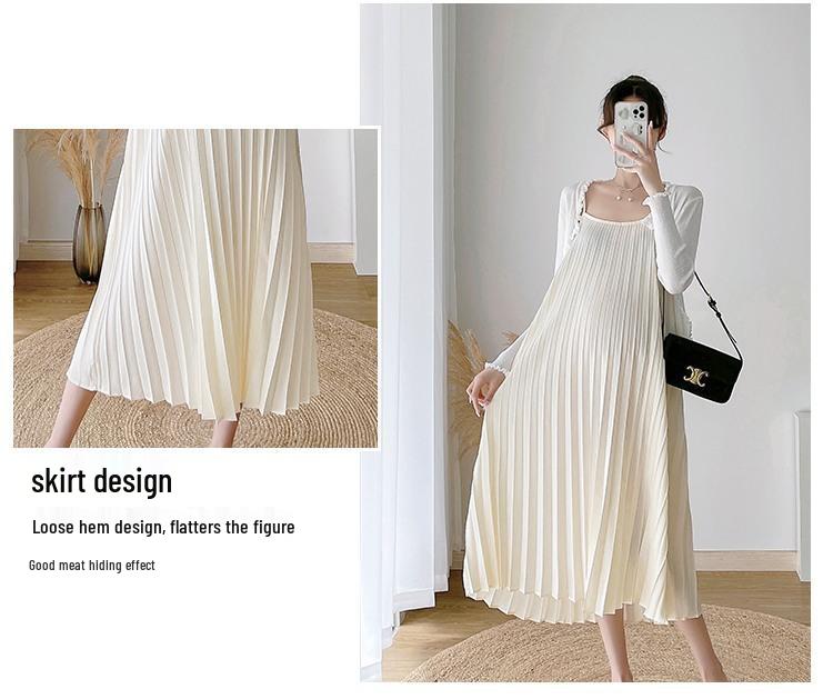 Versatile Plus Size Pleated Maternity Two-Piece Slip Dress