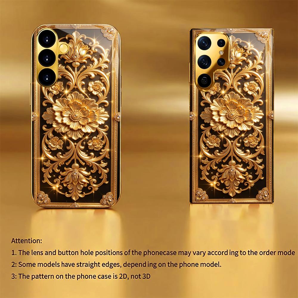 Golden vintage flowers phone case glass s26 ultra case s25 ultra case for Samsung Galaxy S26 S25 S24 S23 S22 FE Ultra Plus