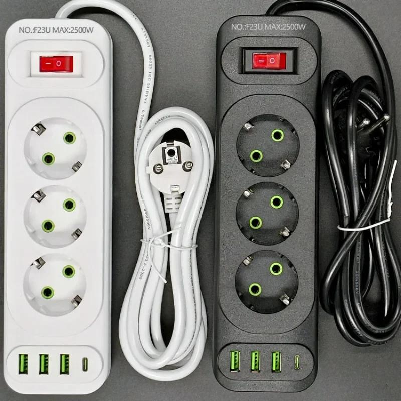 EU Plug Power Strip 3 AC Outlet Multitap Extension with 4 USB Ports 2m Cord Electrical Socket 2500W Fast Charge Surge Protector
