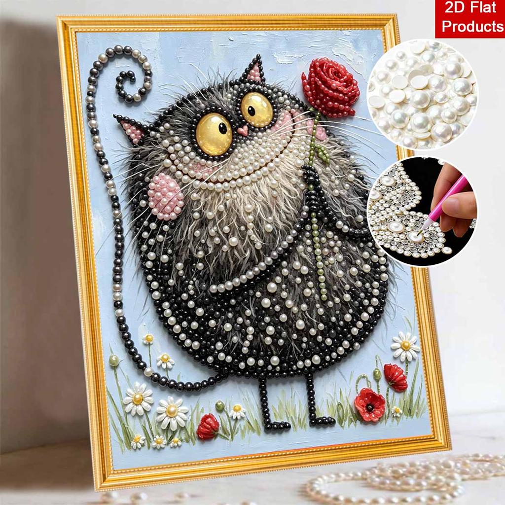 DIY Pearl Painting Canvas Cute Black Cat With Red Rose 3D Bead Art Kit Relaxing Handmade Craft for Room Decoration Gift Hobby Supplies Project