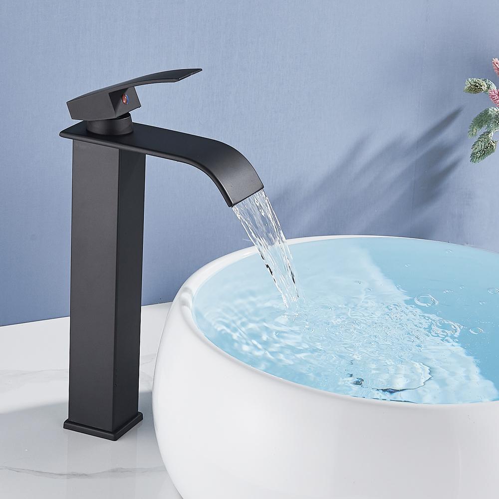Black Waterfall Basin Sink Faucet Tall Bathroom Mixer Tap Wide Spout Vessel Sink Fauet Hot Cold Water Tap