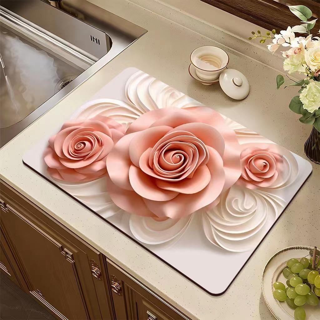 Flower Printed Drain Pad Rectangular Coffee Machine Drying Mat Absorbent Drain Dish Pads Tableware Sink Rugs Placemat