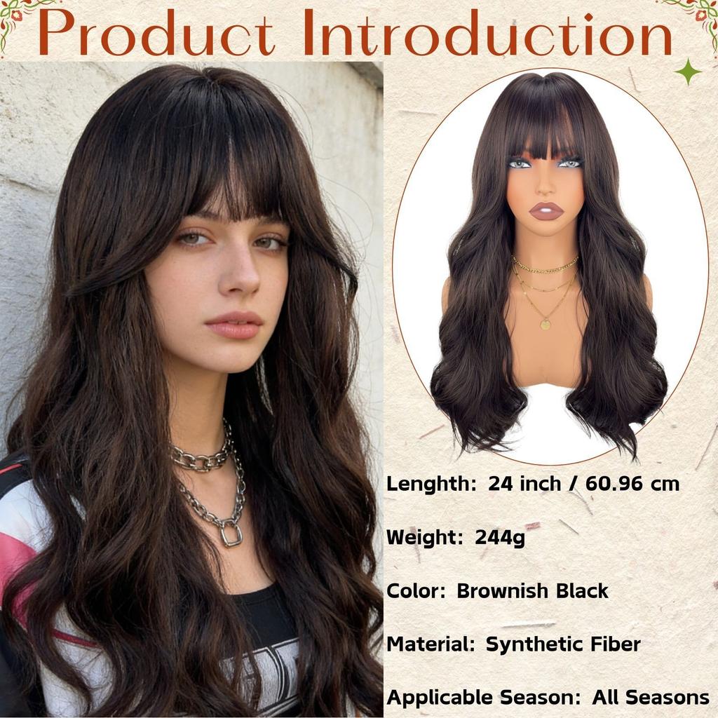 Women Stylish Long Wave Hair with Bangs Synthetic Black Brown Wigs for Daily Cosplay Use Heat Resistant Fibre