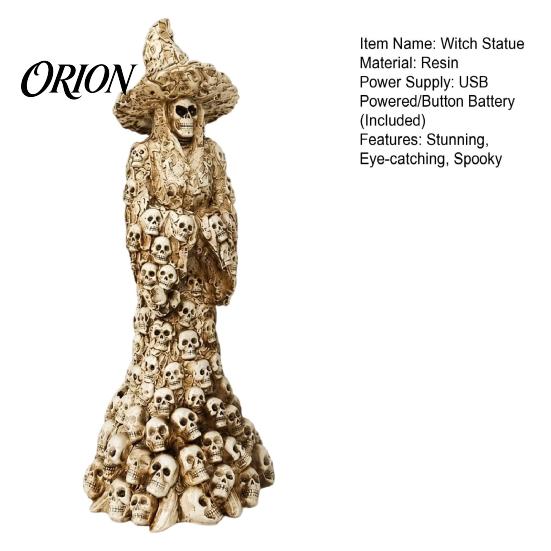 Halloween Night Light Skeleton Witch Resin Figurine, LED Up Gothic Statue, Spooky Decor for Bedroom Dark Fantasy Ornament Desk, Shelf, Mantel
