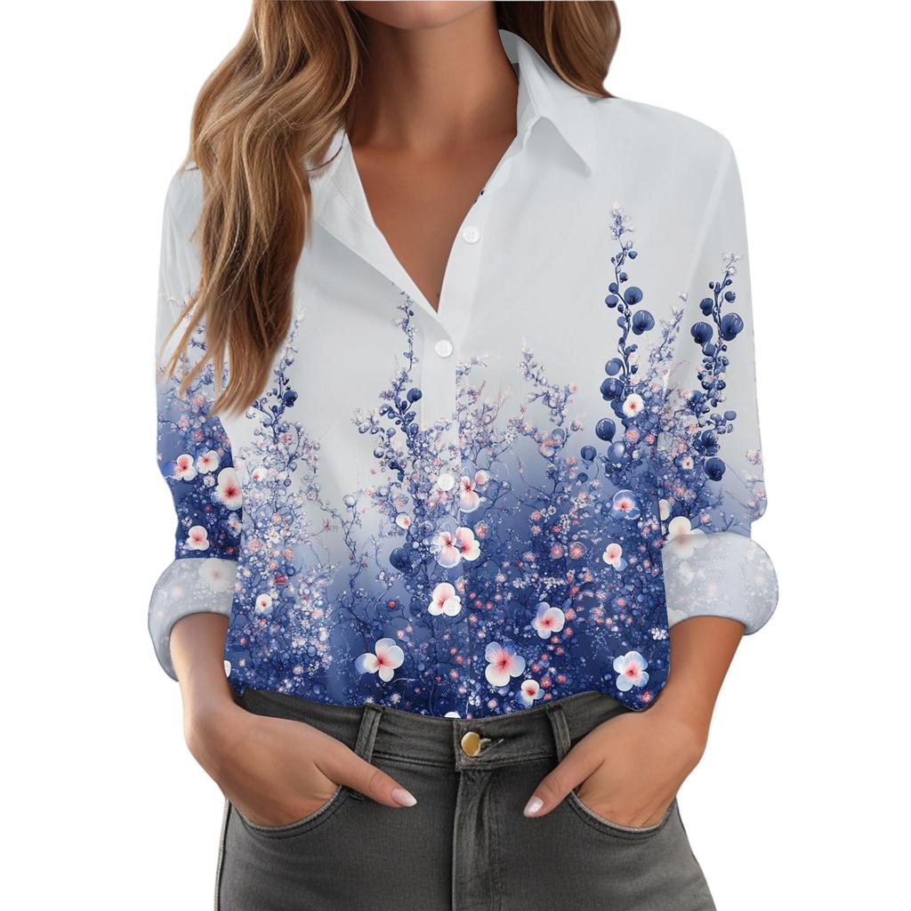 Women's Shirt With Floral Print Buttons, Long Sleeved Casual Regular Shirt Blouses Casual Plus Size Basic Tops