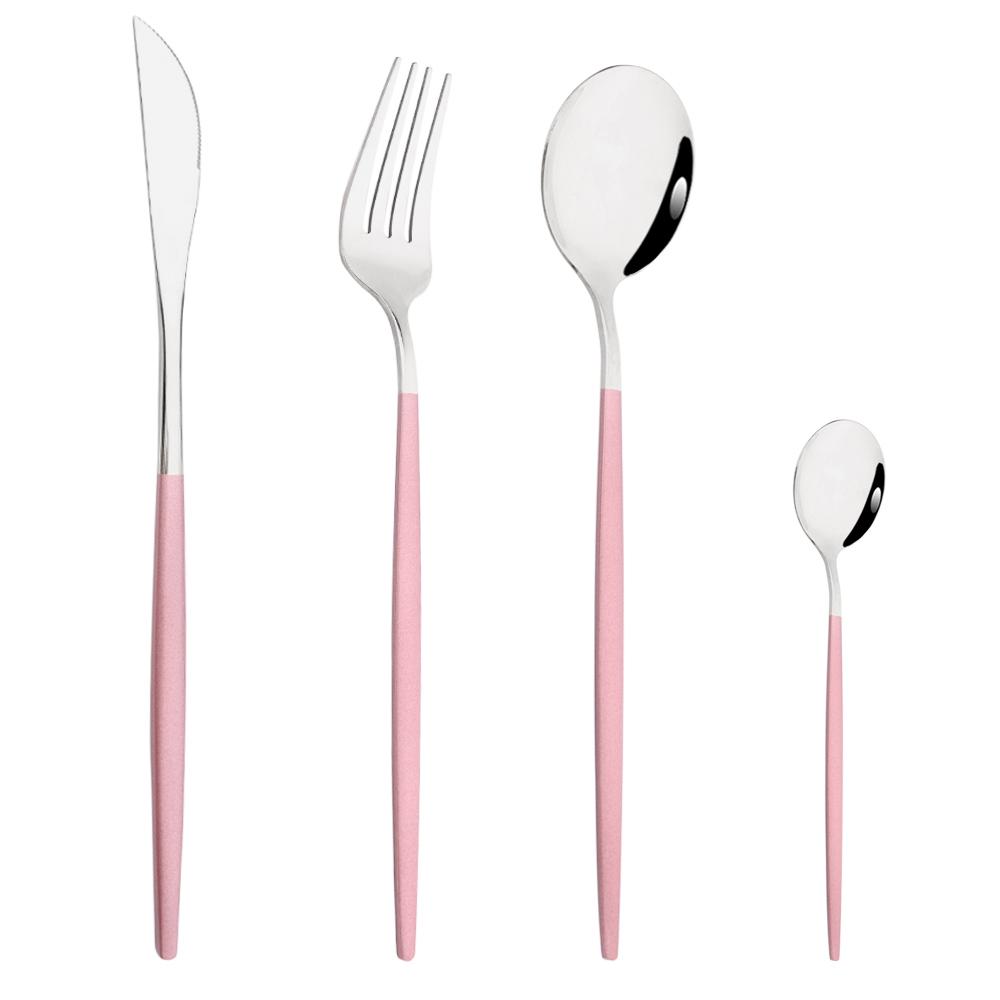 Drmfiy Pink Silver Stainless Steel Dinnerware Set Fork Knife Soup Ice Spoon Cutlery Set Western Flatware Kitchen Silverware Set