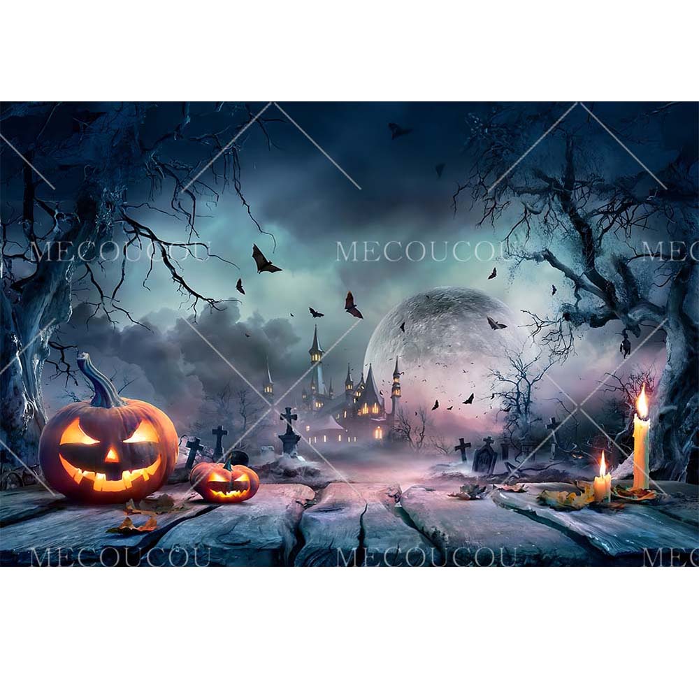 Halloween Backdrop Horror Night Full Moon Pumpkin Skull Castle Cemetery Halloween Party Adult Kids Background Decor Customized