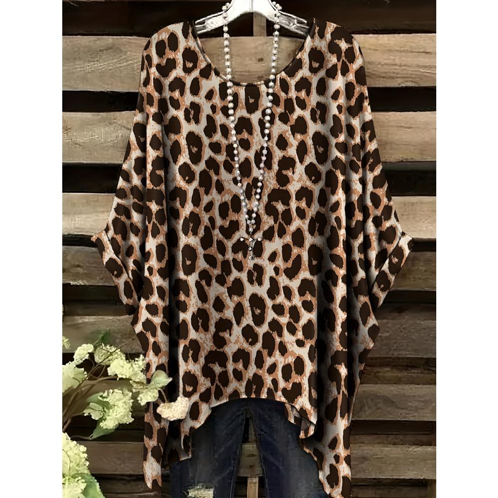 Camiseta de Mujer con Estampado de Leopardo Degradado 3D Animales Divertidos Estilo Casual Vacaciones Dobladillo Irregular Cuello Redondo Manga Corta Ropa de Mujer