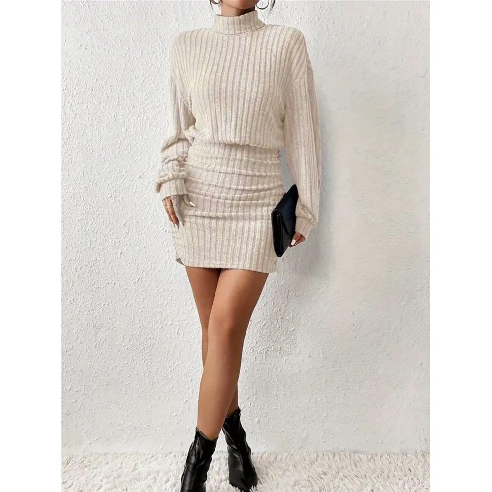 Dámské sexy přiléhavé krátké šaty s dlouhým rukávem a rolákem, úplet s žebrováním