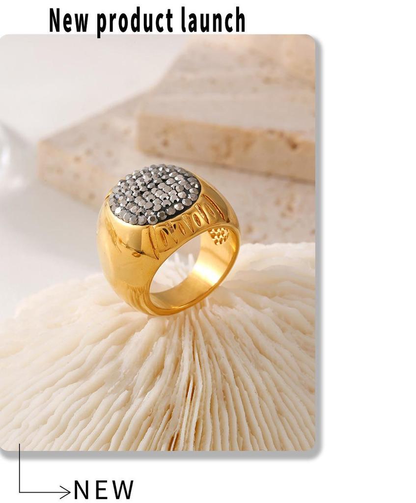 Italian Oval Rhinestone Star Ring, Retro Luxury, 18k Gold PVD Titanium Steel, Unisex