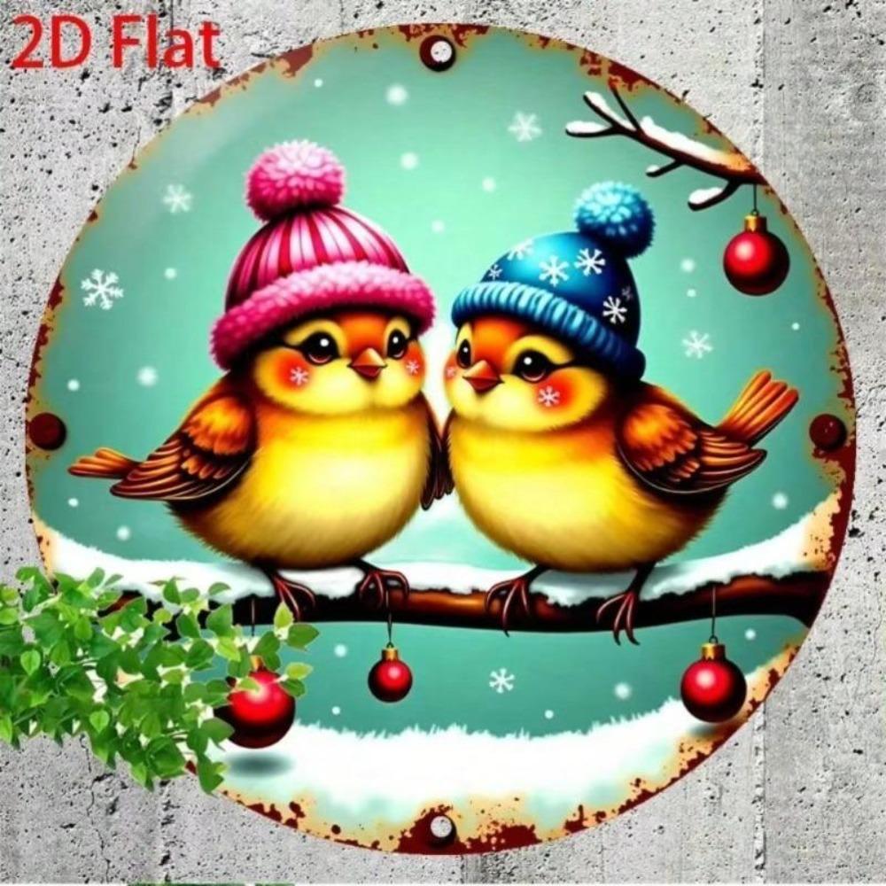 Vintage Winter Birds Snowflakes Metal Wall Art Rustic Turquoise Brown Mint Green Round Decoration