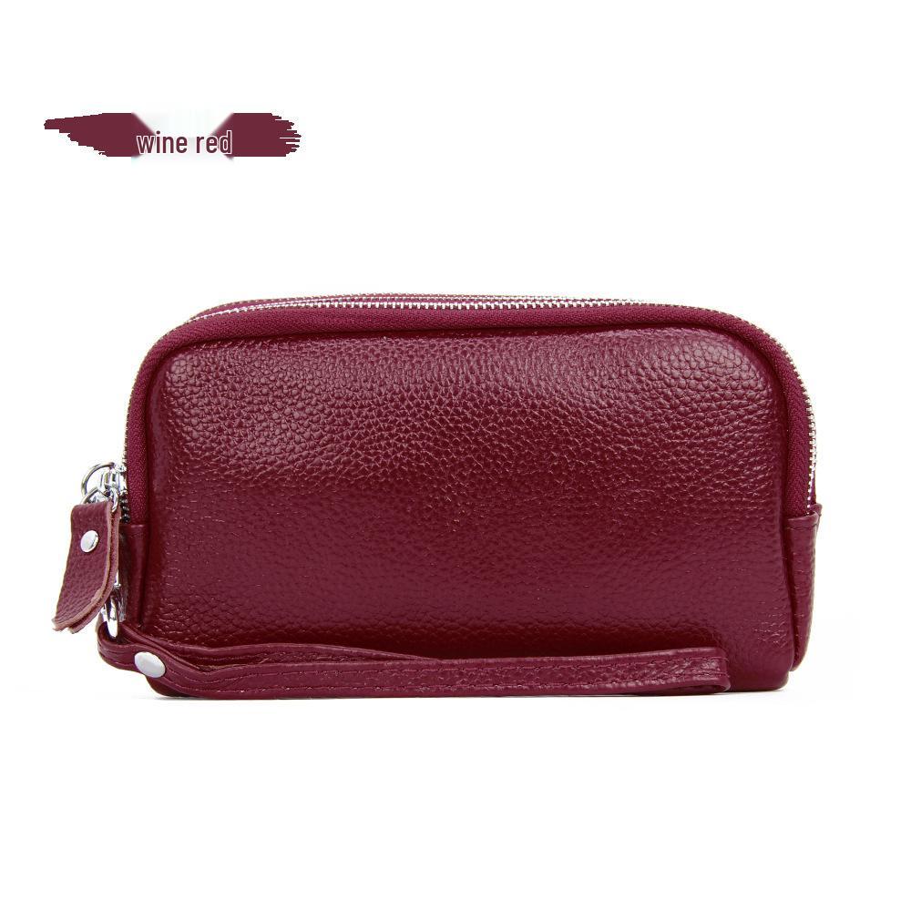 Top Layer Cowhide Women's Clutch: Genuine Leather Long Wallet with Three-Layer Zipper, Large Capacity, Wrist Strap.