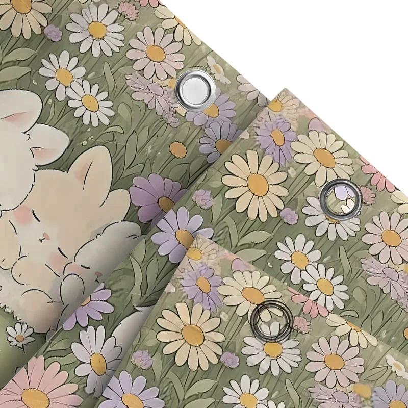 Chic Bunny Flower Shower Curtain For Home Decor - Cute Cartoon Design Waterproof Bathroom Mat For Kids And Adultsrustproofhooks