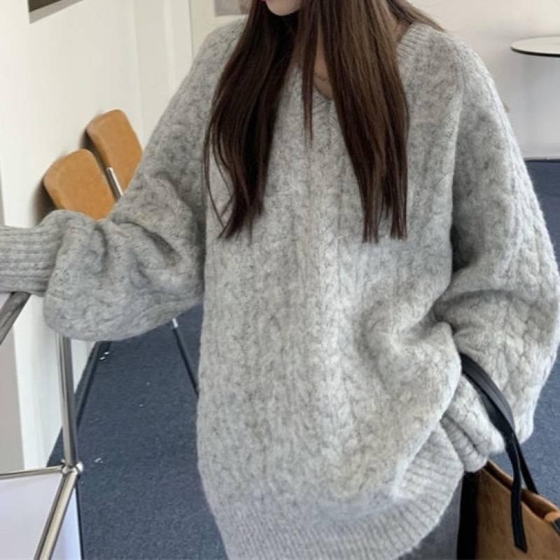 V-neck soft waxy twist knitted sweater top women's autumn and winter new loose and lazy casual versatile pullover sweater