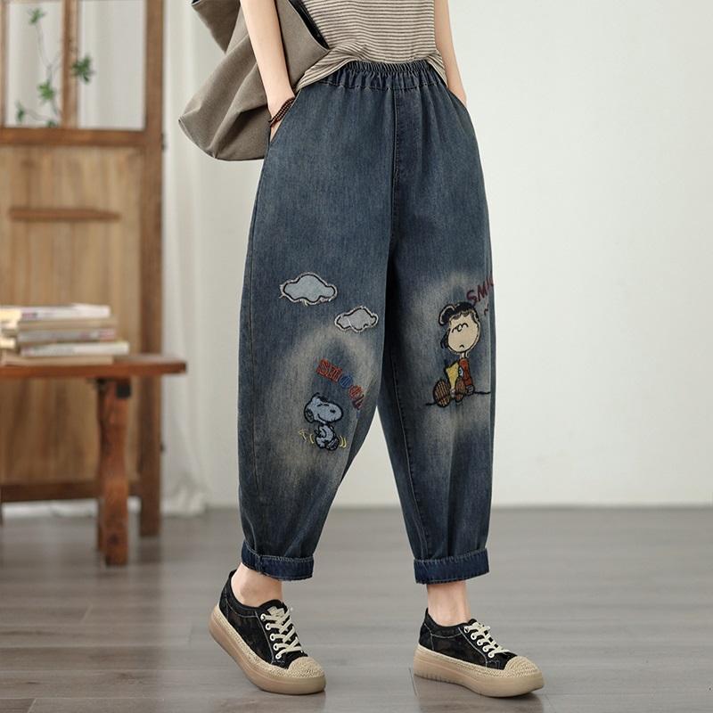 Mărime mare Broderie vintage Talie înaltă Casual Largi Femei Primăvară vară toamnă Blugi Denim Pantaloni Harem