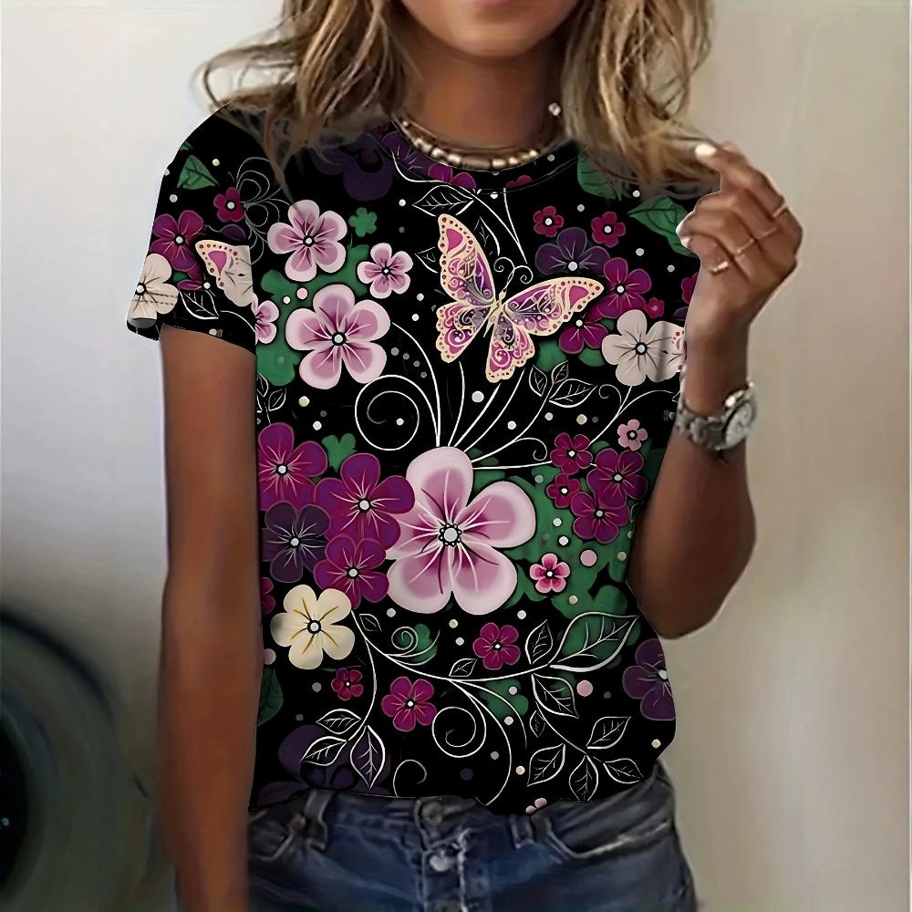 Printed Casual V-neck T-shirt Daily Comfort Short Sleeve Fashion Simple T-Shirts Women’s S