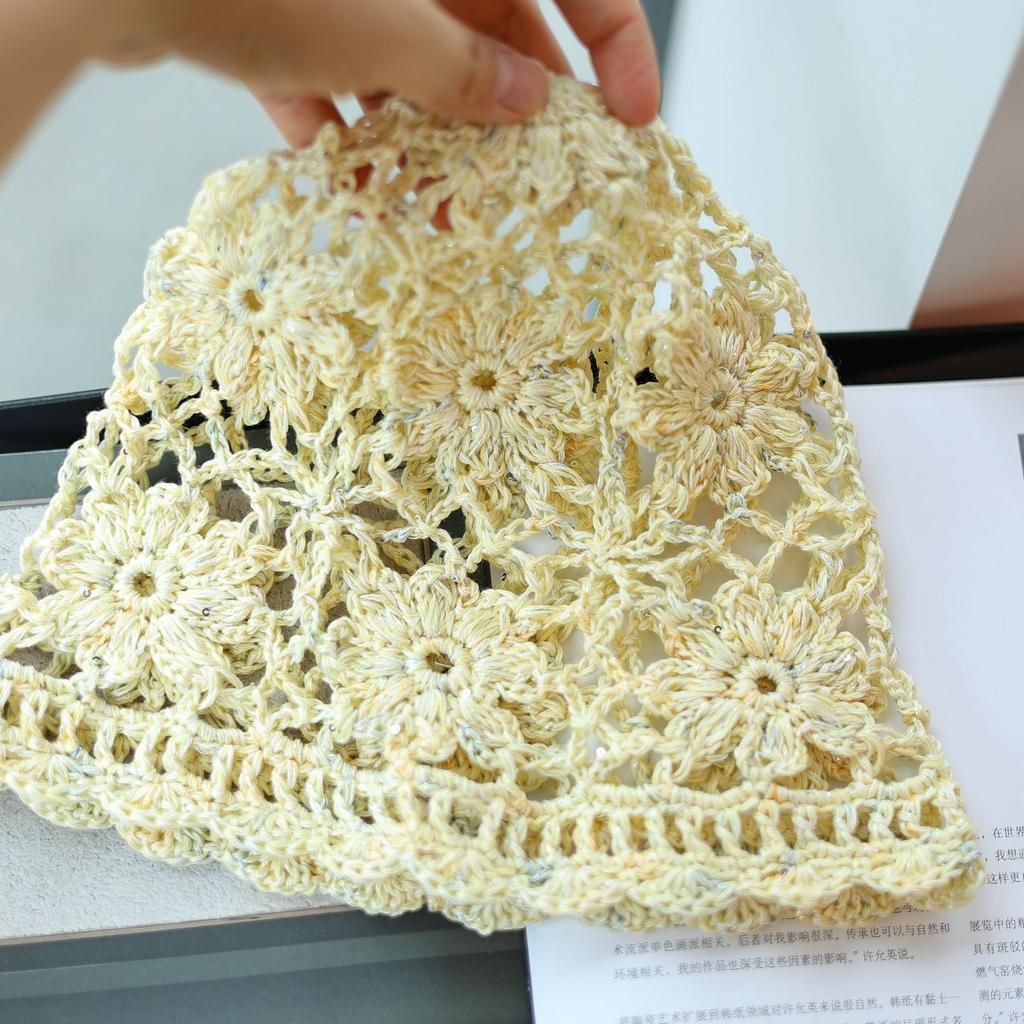 Mixed color hollow flower bag head hat women's spring and summer fine glitter sequins sweet breathable versatile knitted hat