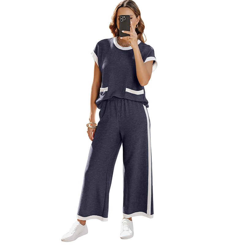 

American Shiying Sports Style Fashion Set Women 2025 Summer New Color Matching Short sleeve Trousers Two-piece Set Blue P605 XL code fits (70.00 kg-75.00 kg