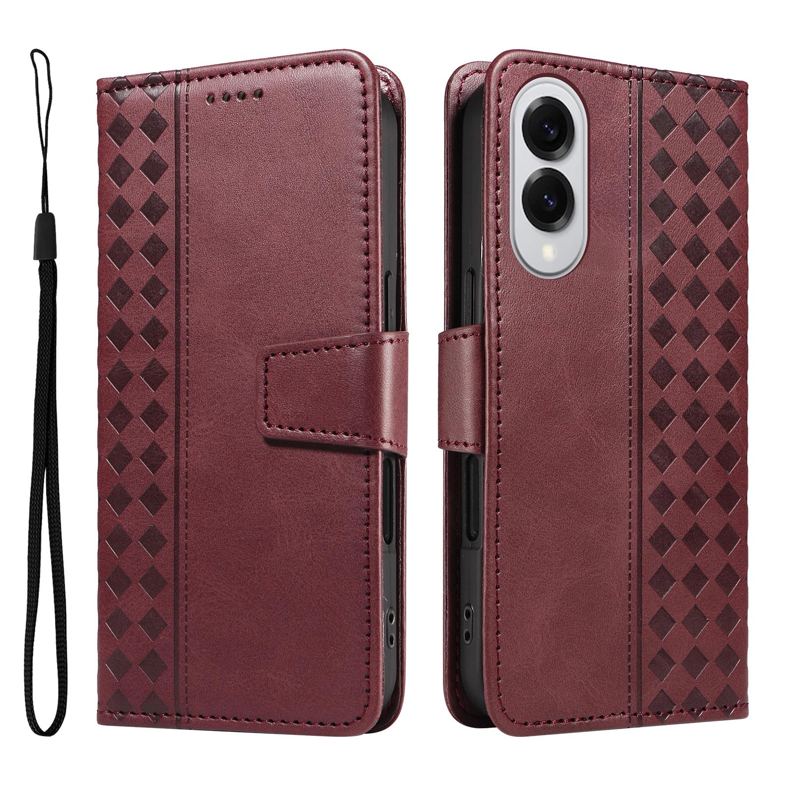 

For Samsung Galaxy S25 Edge Leather Case Wallet Stand Grids Imprinted Phone Cover with Strap D