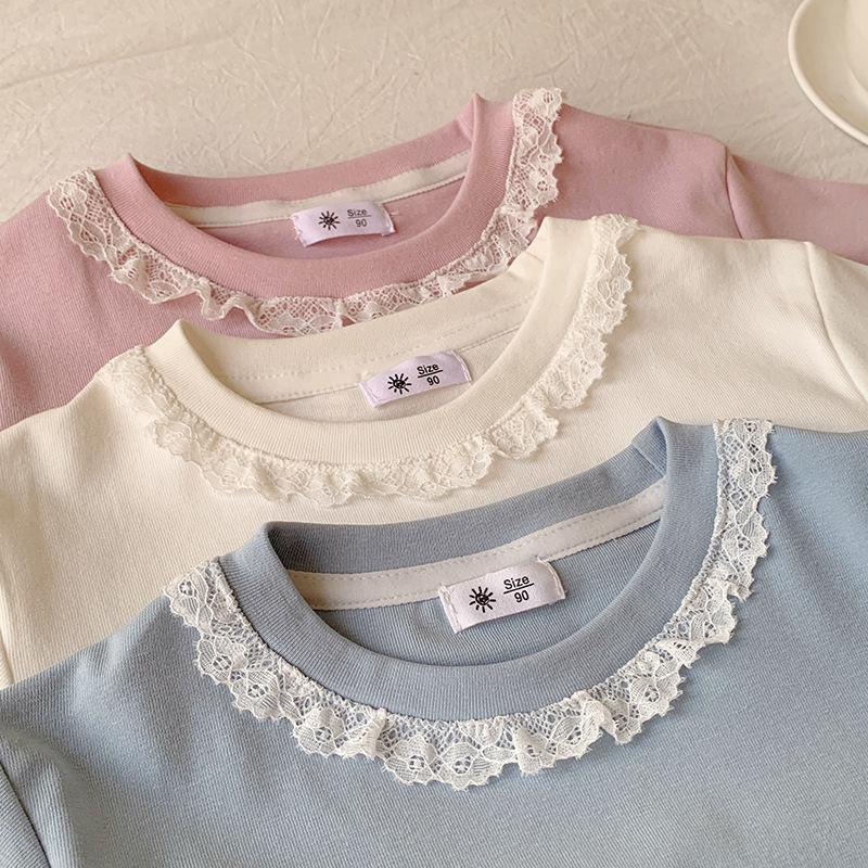 Girls' Casual Lace-edged Short-sleeved T-shirt For Summer, Children's Cute Top