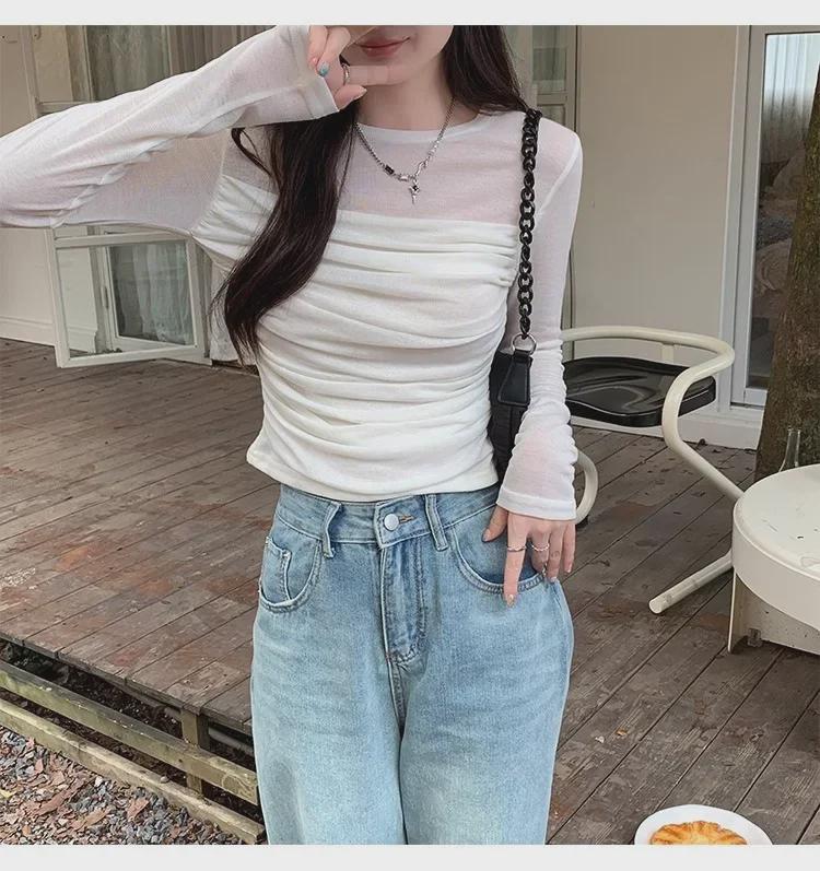 Damen Mesh Plissee Slim-Fit Langarm Oberteil, Frühling/Sommer Trendiges Design