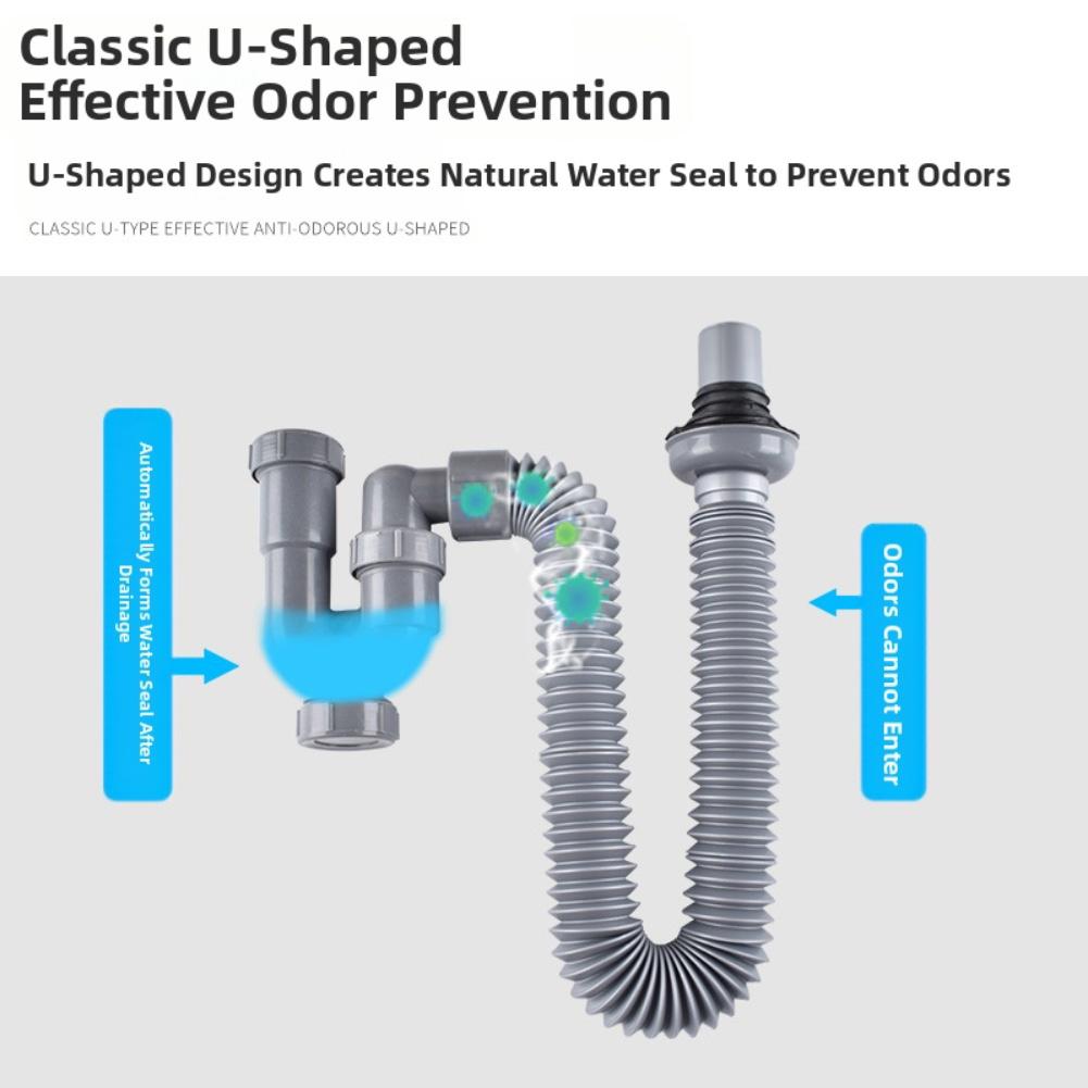 Flexible ABS U Shaped Drainage Pipe with Retractable S Design for Bathroom Sink Featuring Cleaning Port for Barrier