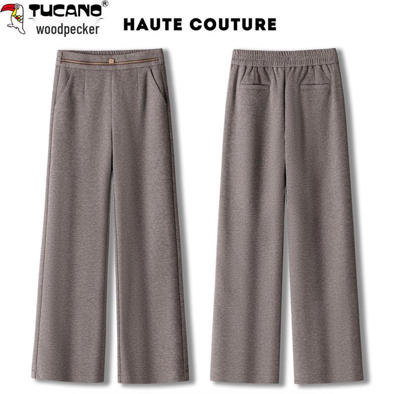 Woodpecker Women's High-End Woolen Wide-Leg Pants - Autumn/Winter Collection, High-Waist, Soft Straight-Leg, Casual Long Pants