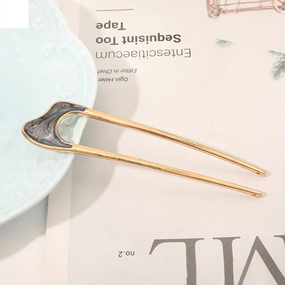 Metal U Shaped Hair Stick for Women Girls Silver Gold Color Vintage Elegant Shell Enamel Ponytail Hairpin Female Headwear Gifts